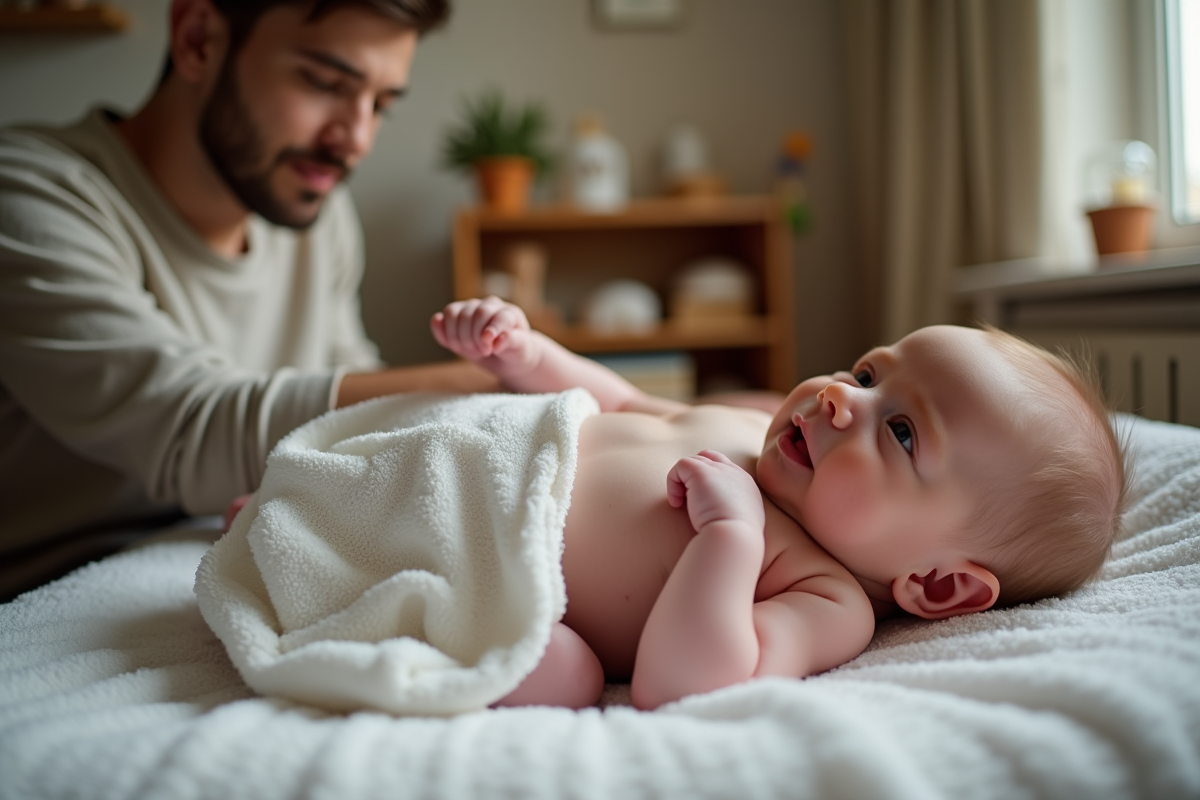 Père regardant tendrement son bébé dans la nurserie