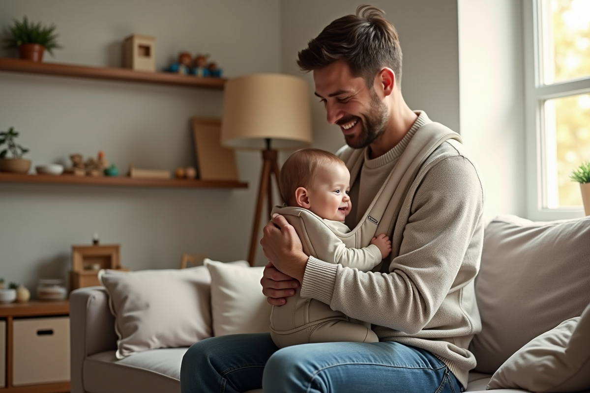 Père attentif installant son bébé dans un porte-bébé à la maison