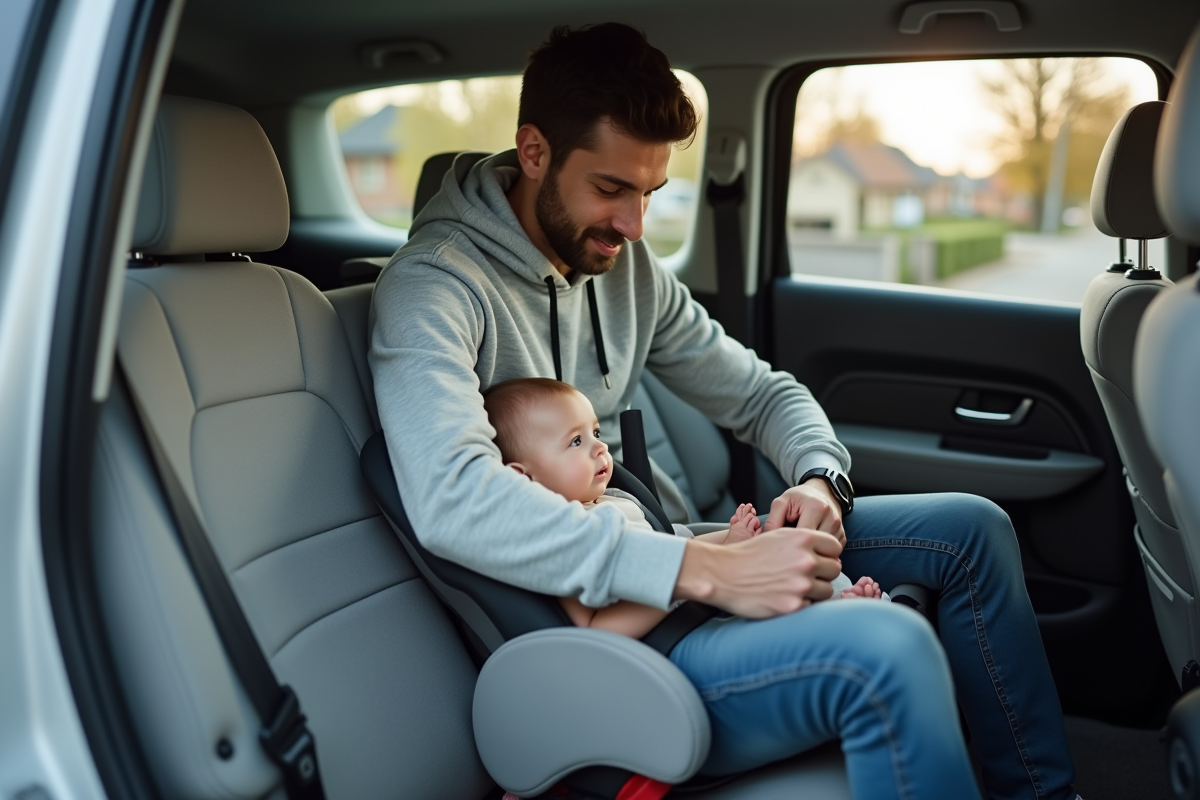 Père installant bébé dans un siège auto en voiture