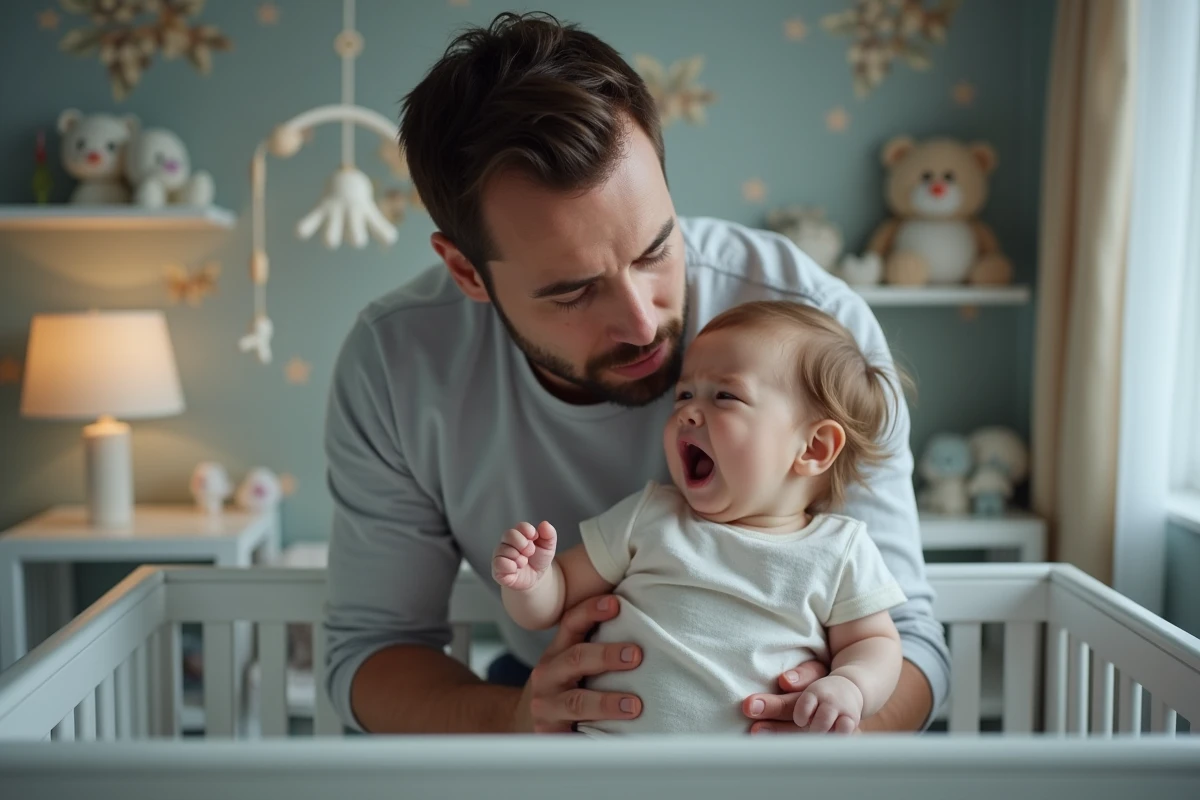 Père inquiet levant sa fille dans le lit de bébé