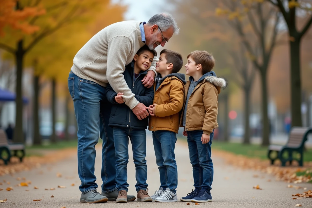 Père avec ses fils dans un parc urbain