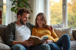 Jeune père heureux lisant un livre de noms de bébé avec sa partenaire enceinte