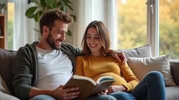Jeune père heureux lisant un livre de noms de bébé avec sa partenaire enceinte