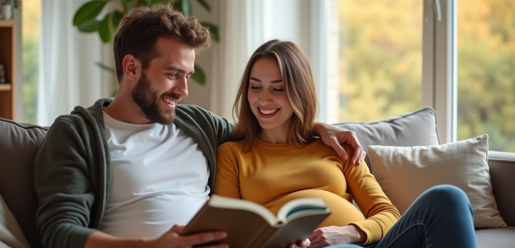 Jeune père heureux lisant un livre de noms de bébé avec sa partenaire enceinte