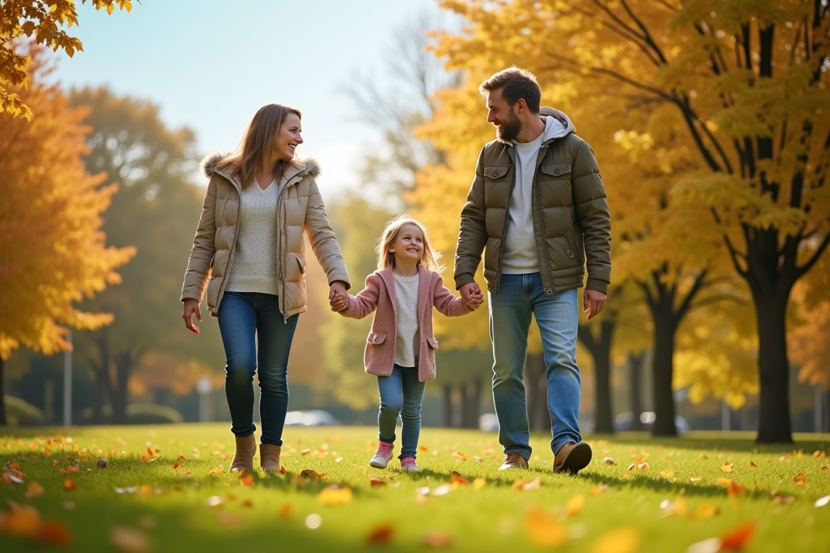 Père et fille marchant main dans la main dans le parc