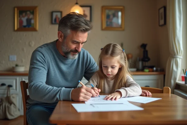 Père et fille montrant un dessin à table