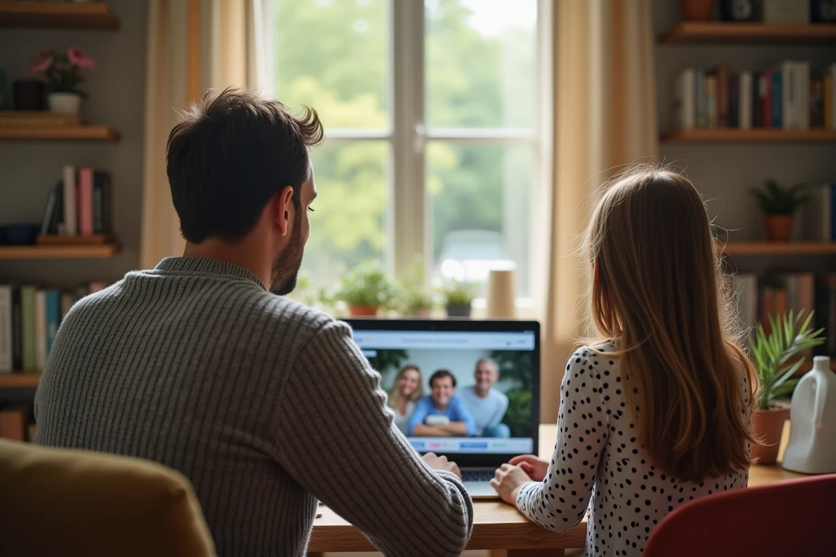 Père et fille utilisant un ordinateur à la maison