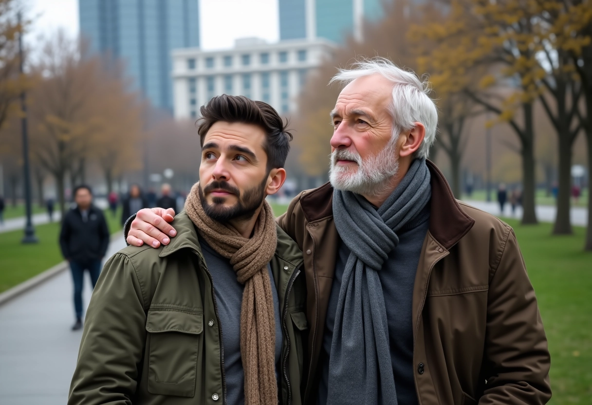 Fils et père dans un parc urbain partageant un moment complice