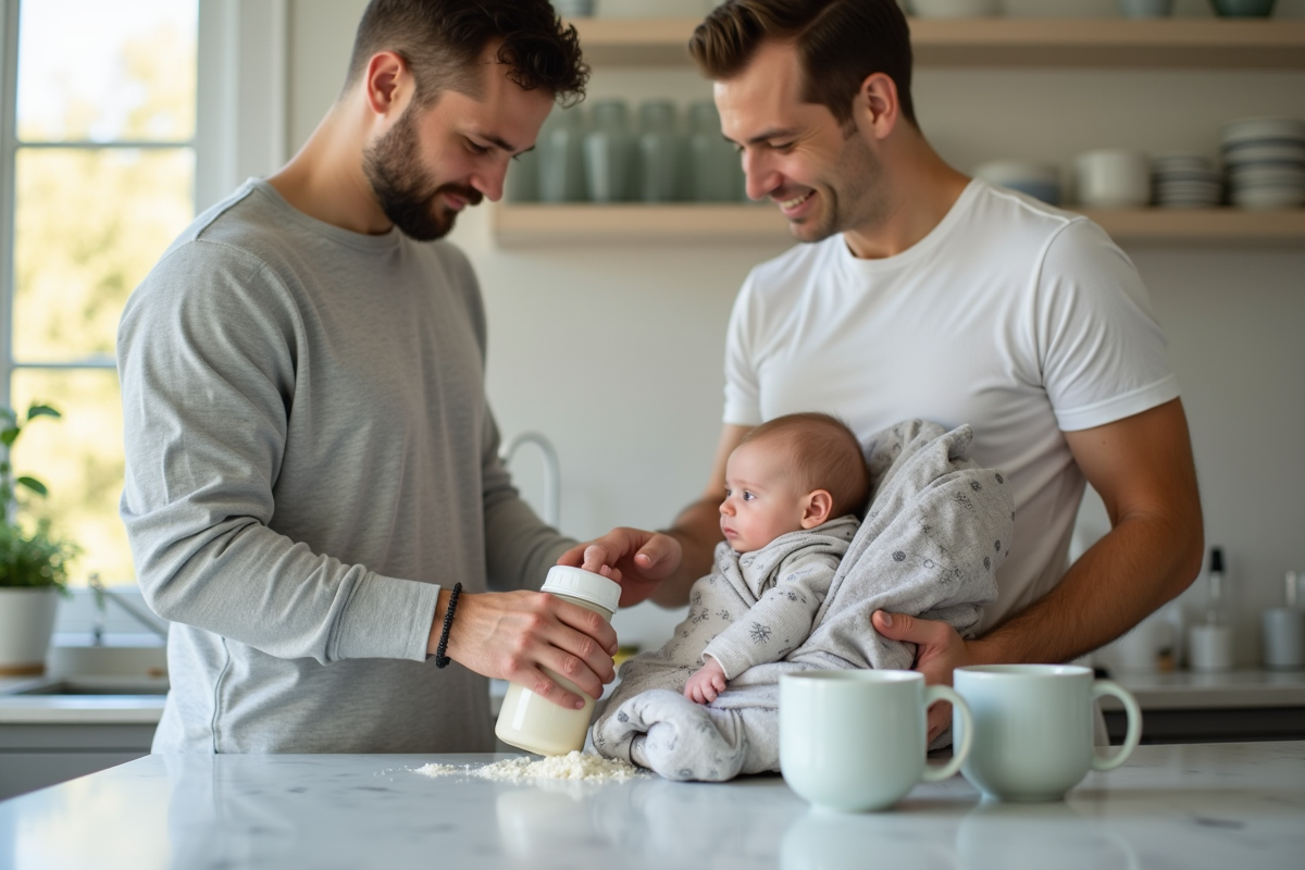 Père préparant le lait pour sa fille dans la cuisine lumineuse