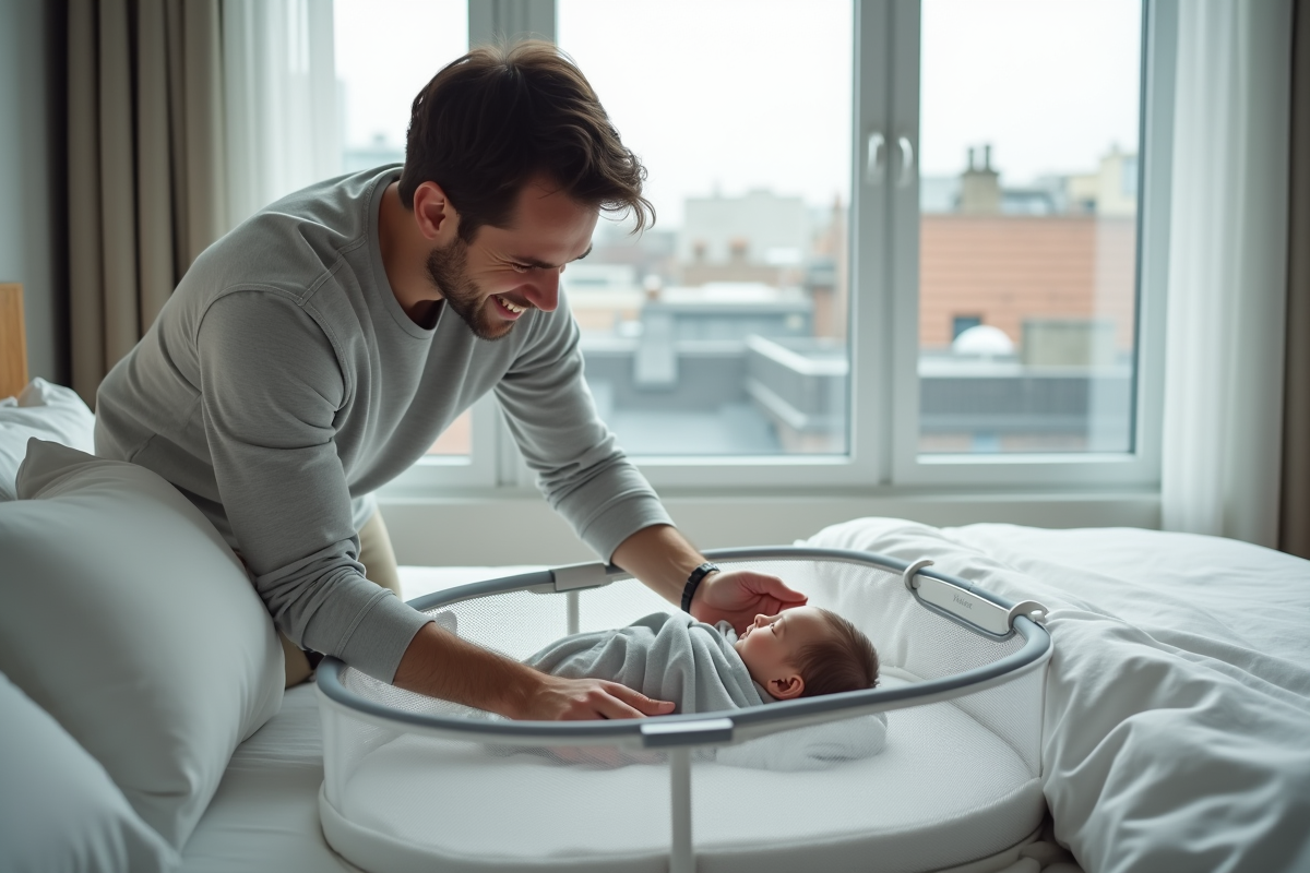 Père vérifiant son bébé endormi dans un lit moderne