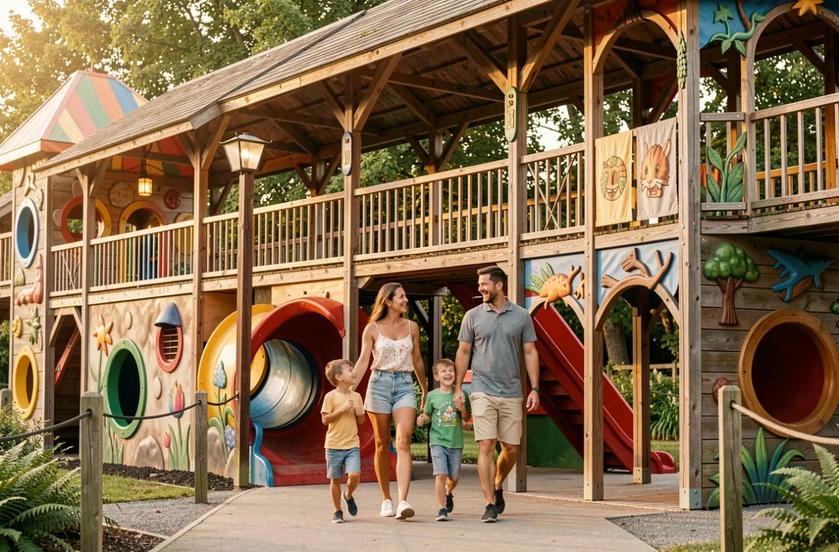 Famille se promenant dans les allées thématiques couvertes du Papea Parc à Yvré-l'Évêque