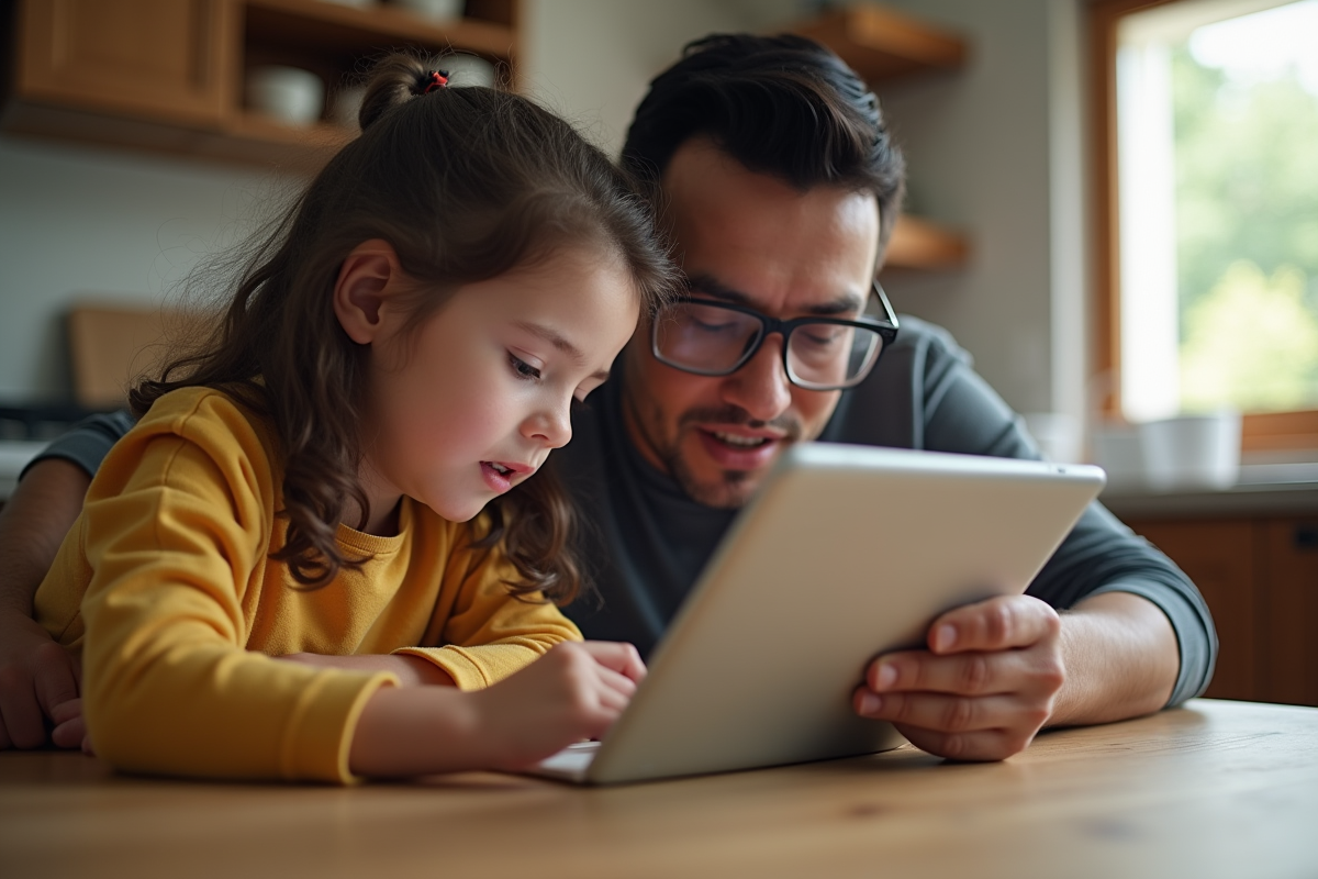 Parent et enfant regardant une tablette à la cuisine en journée