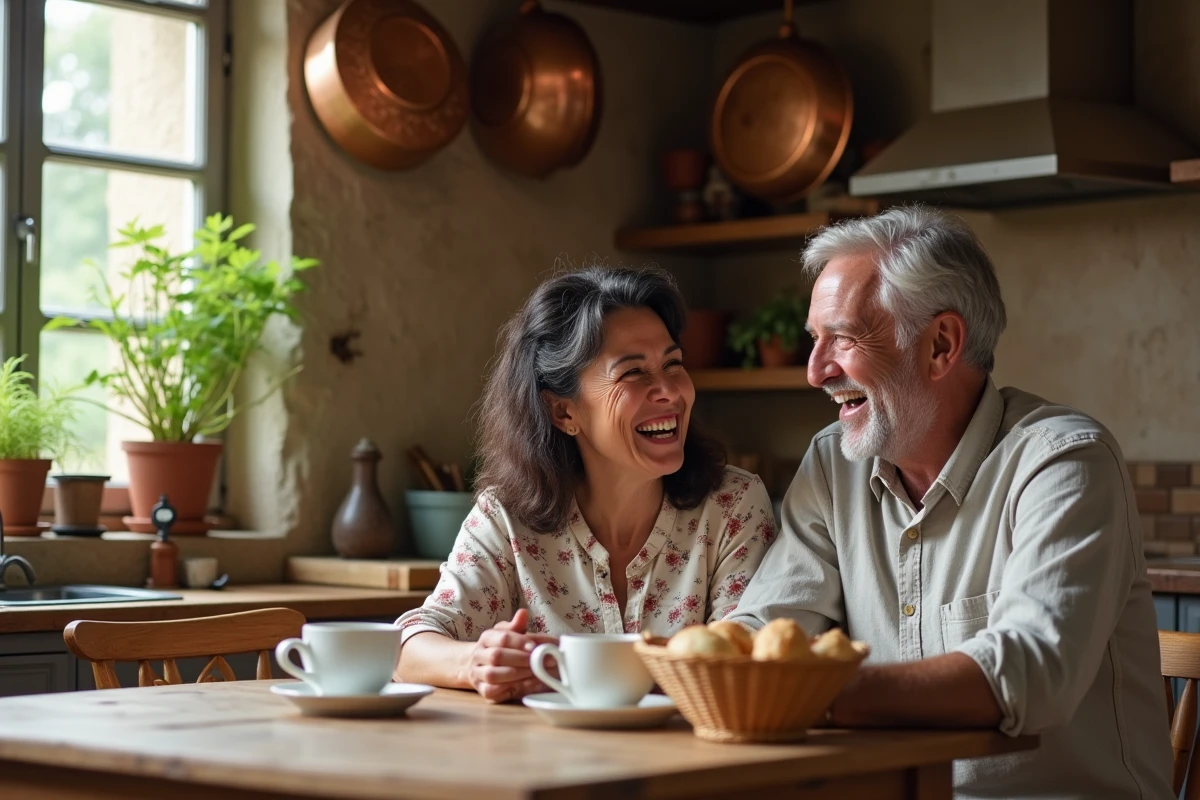 Couple de parents d'âge mûr partageant un repas dans une cuisine traditionnelle française au style rustique