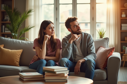 Parents réfléchissant dans un salon lumineux