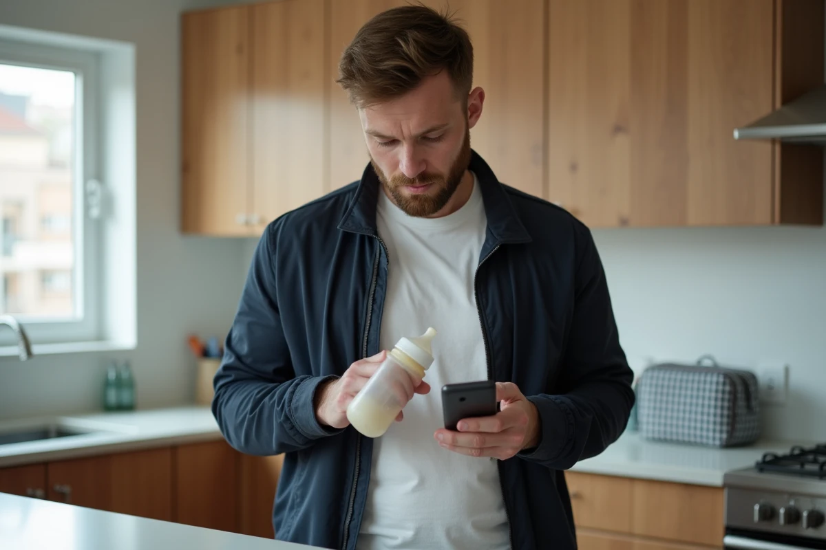 Père en transition vers le statut d'autoentrepreneur consultant son téléphone sur les indemnités de congé paternité dans sa cuisine avec un biberon