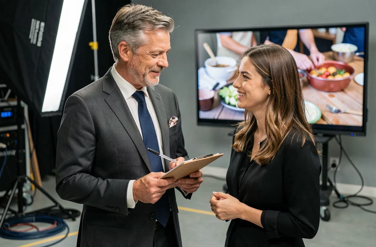 Homme et femme complices en coulisses d'un plateau de télévision, évoquant la transmission familiale entre père et fille dans le monde audiovisuel