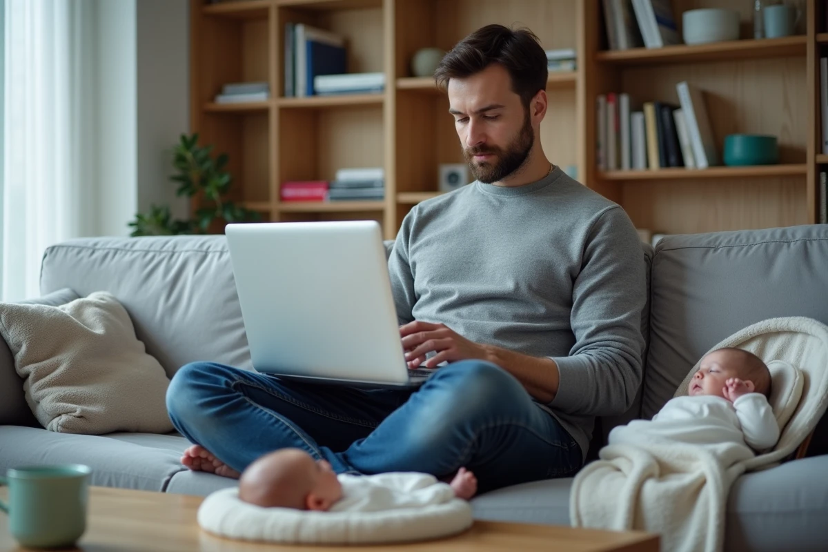 Père indépendant recherchant ses droits au congé paternité en tant qu'autoentrepreneur sur un site officiel depuis son salon avec son bébé