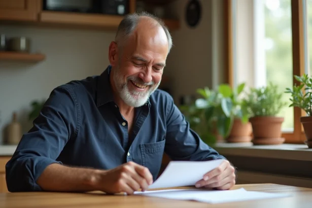 Père souriant lisant une carte de fête des pères faite à la main par son enfant, assis dans une cuisine en bois chaleureuse