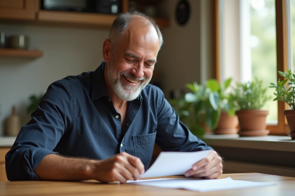 Père souriant lisant une carte de fête des pères faite à la main par son enfant, assis dans une cuisine en bois chaleureuse