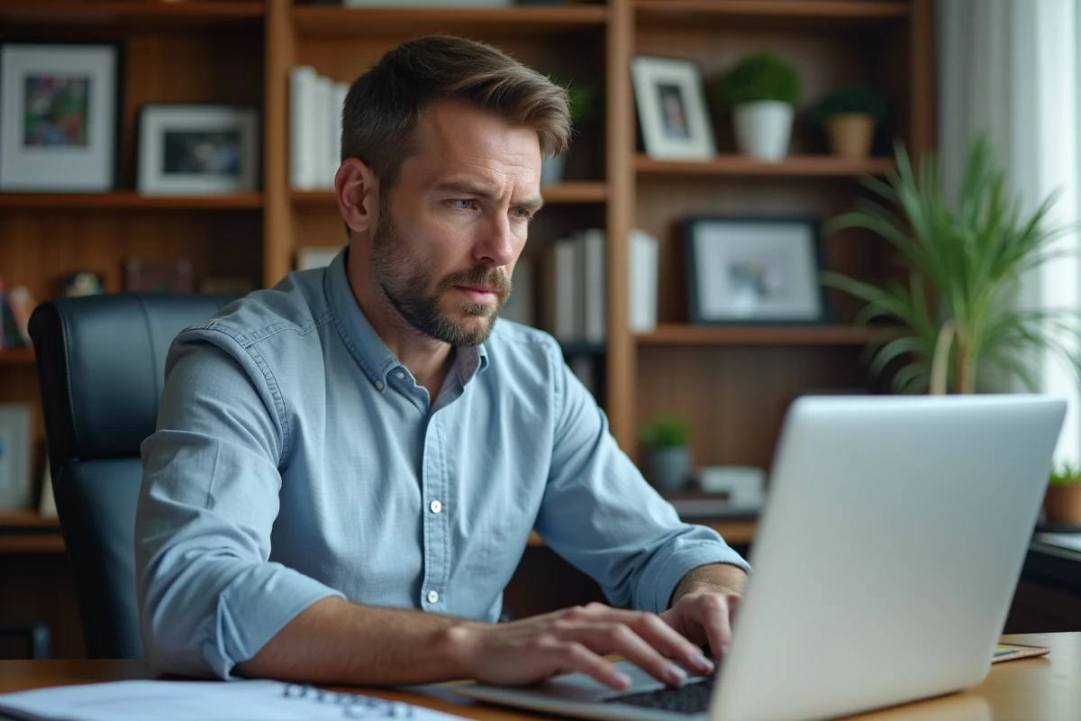 Père recherchant les dates exactes des vacances scolaires sur son ordinateur portable
