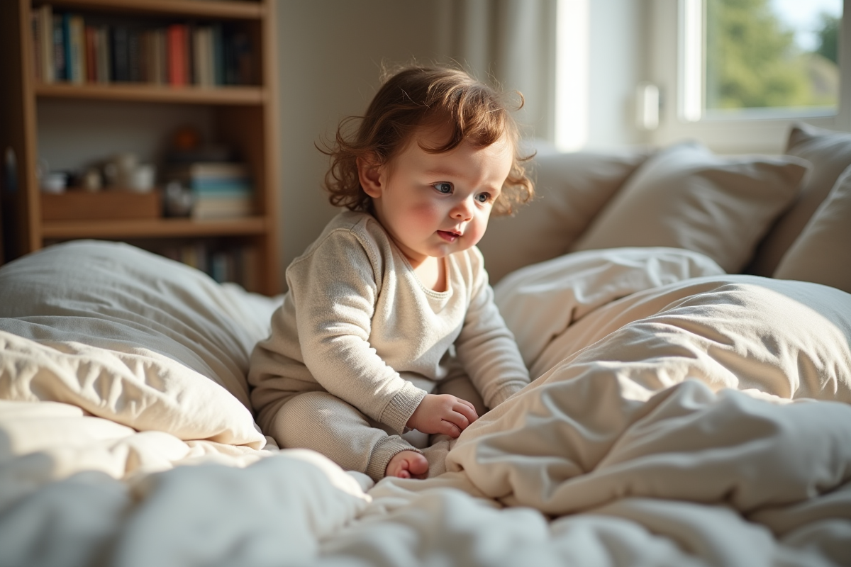 Petite fille curieuse explore un conforter dans son lit
