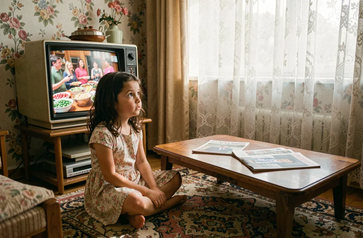 Petite fille regardant la télévision dans un salon décoré années 80, ambiance nostalgique de l'enfance française devant le petit écran