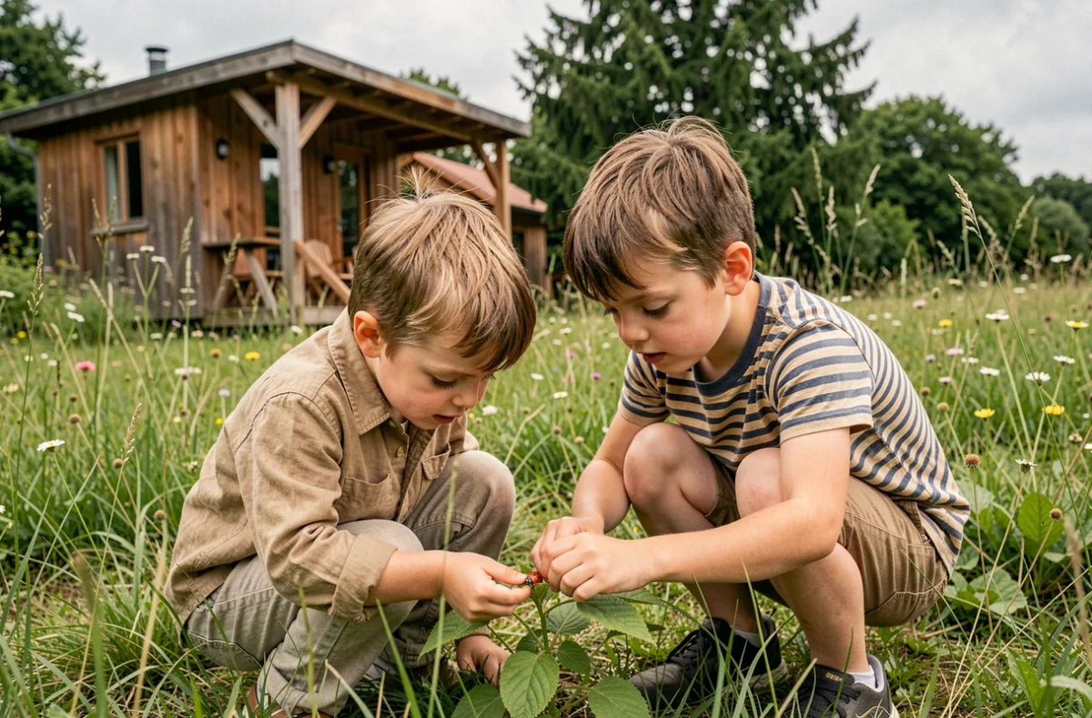 Deux enfants du Centre de Loisirs Montessori Les Petits Explor'Acteurs observant une coccinelle dans un pré naturel