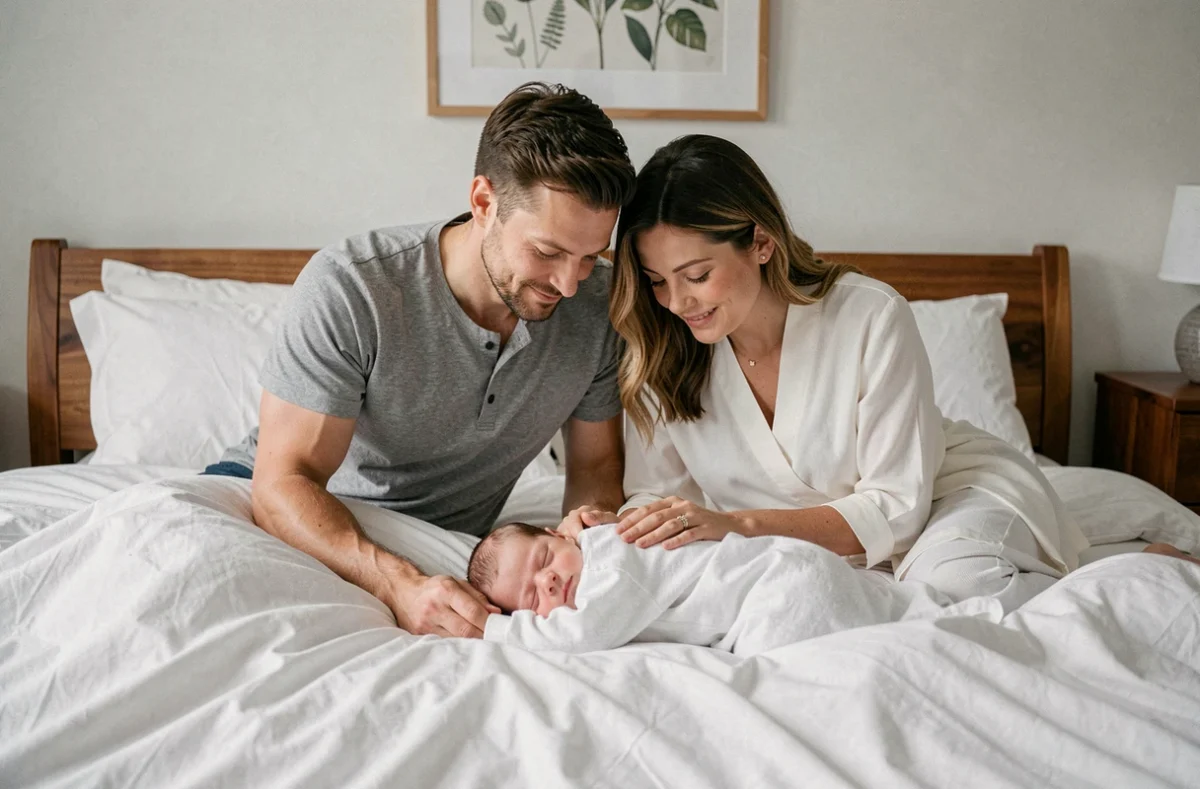 Parents photographiés avec leur nouveau-né sur le lit familial lors d'une séance photo naissance à Lyon