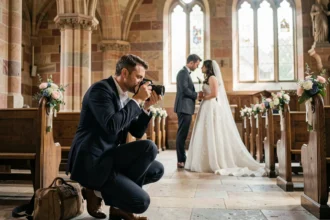 Photographe de mariage professionnel en action dans une église en pierre de Bourgogne à Dijon
