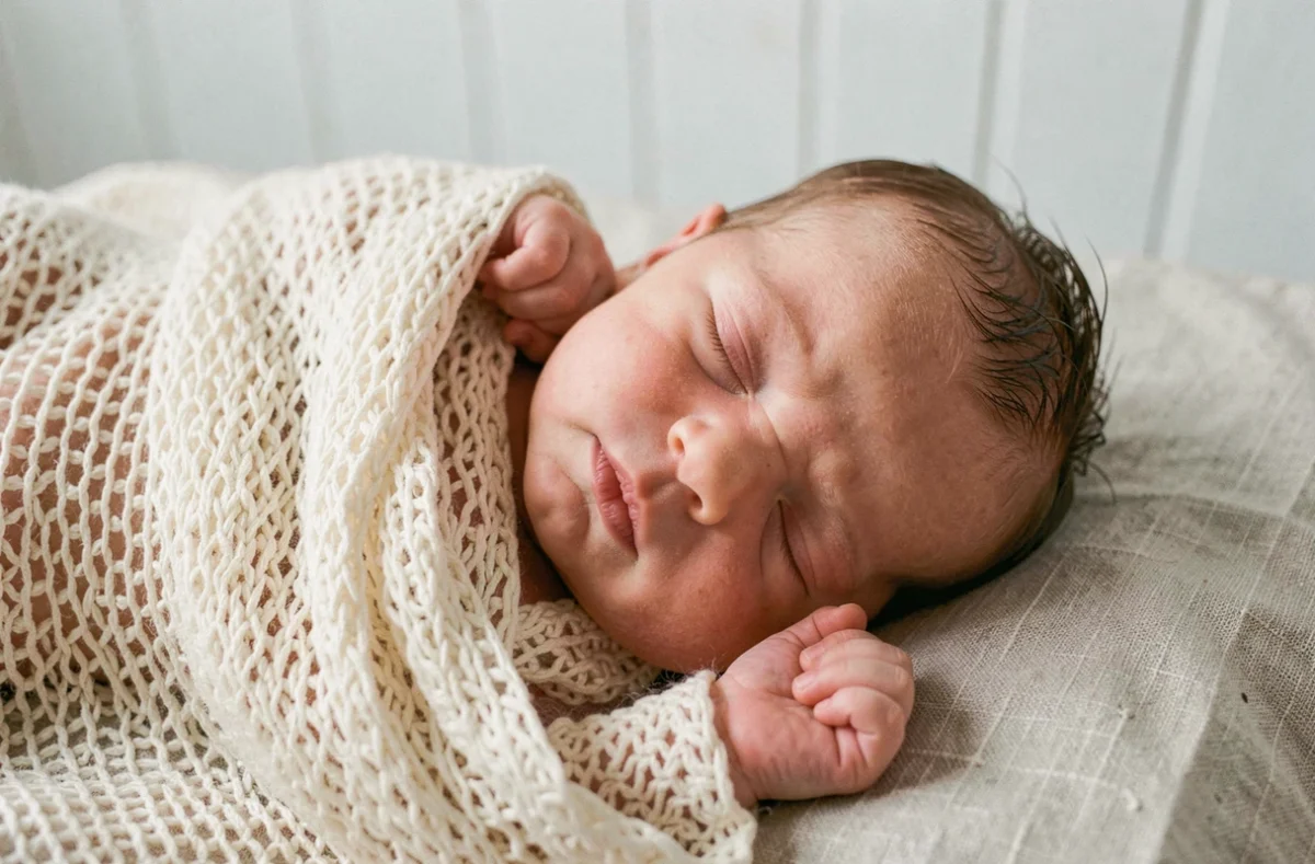 Nouveau-né endormi enveloppé dans un plaid en tricot crème photographié en studio à Lyon par un photographe spécialisé naissance