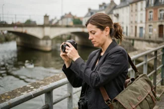 Photographe professionnelle en extérieur à Creil, consultant ses photos au bord de l'Oise