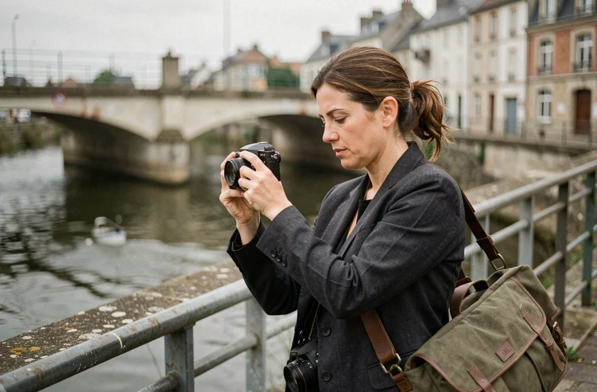 Photographe professionnelle en extérieur à Creil, consultant ses photos au bord de l'Oise
