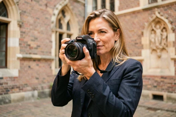 Photographe professionnelle tenant un appareil photo reflex devant une cour en briques flamandes à Lille