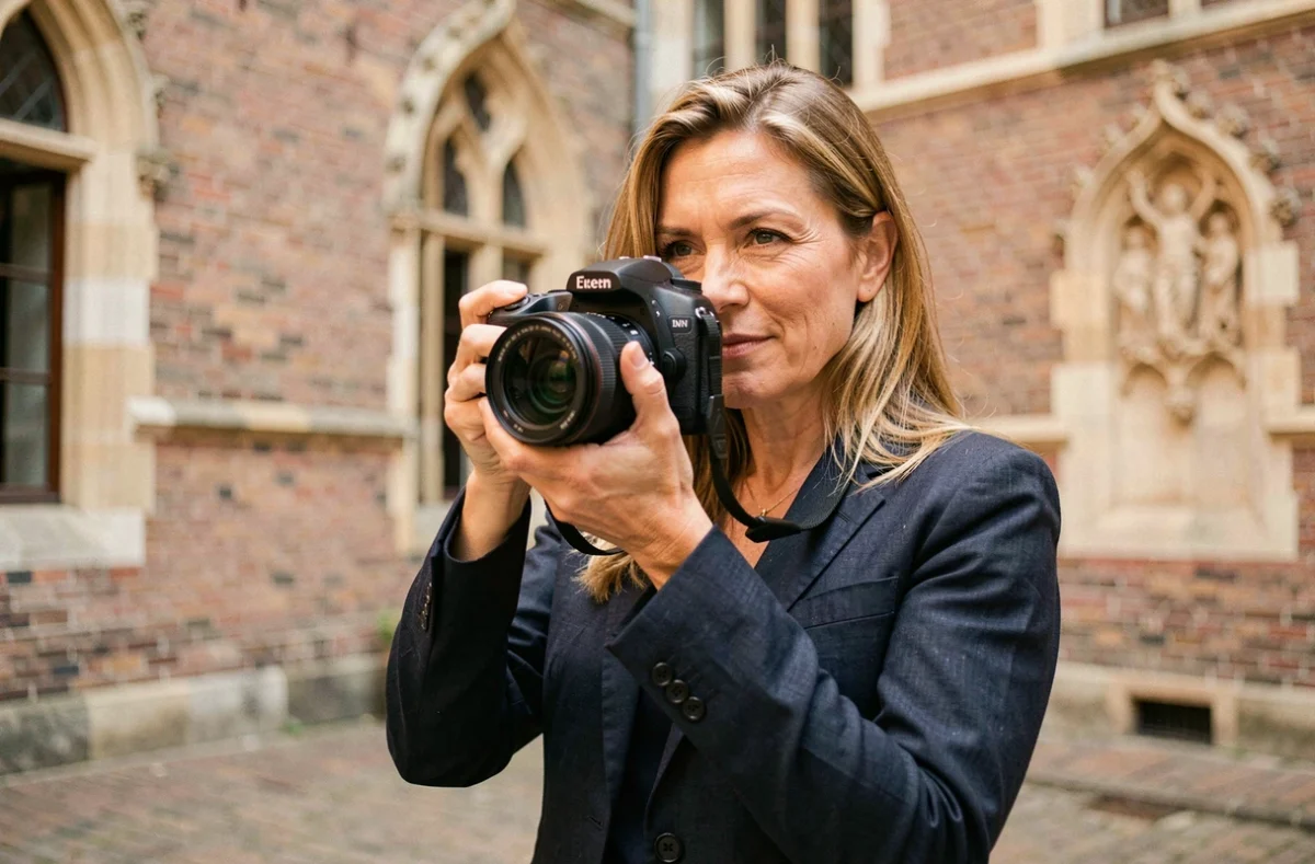 Photographe professionnelle tenant un appareil photo reflex devant une cour en briques flamandes à Lille