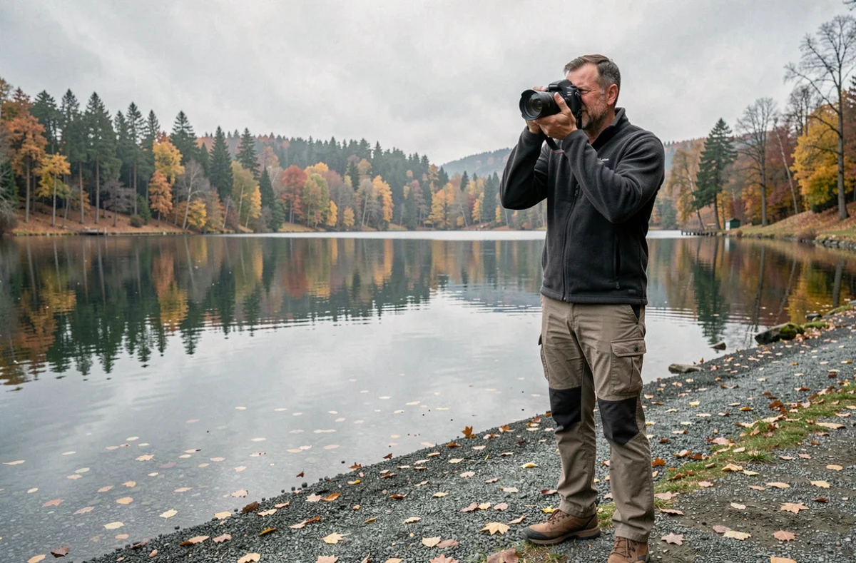 Photographe repérant des décors au bord du lac de Gérardmer en dehors de la haute saison touristique