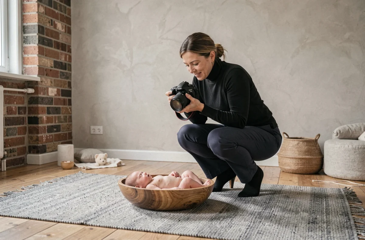 Photographe professionnelle spécialisée en naissance en train de photographier un nouveau-né dans son studio à Lyon