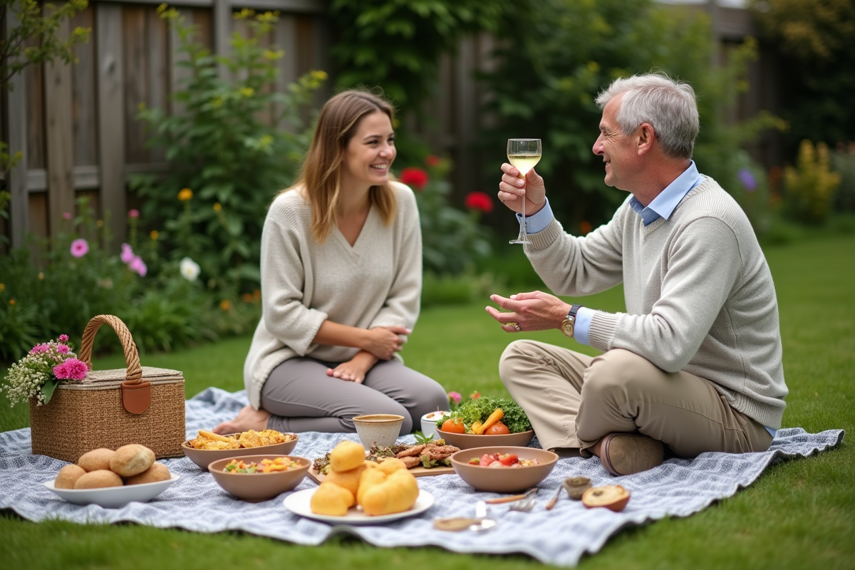 Homme en plein pique-nique dans un jardin verdoyant
