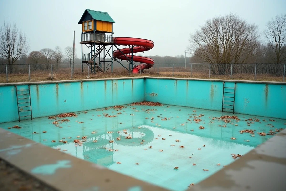 Piscine vide et toboggan démantelé du parc aquatique Aqualud au Touquet, vestiges d'une infrastructure abandonnée