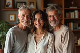 Portrait de famille chaleureuse représentant une jeune femme avec ses parents dans un salon cosy à la française