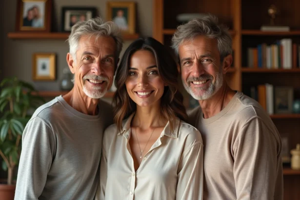 Portrait de famille chaleureuse représentant une jeune femme avec ses parents dans un salon cosy à la française