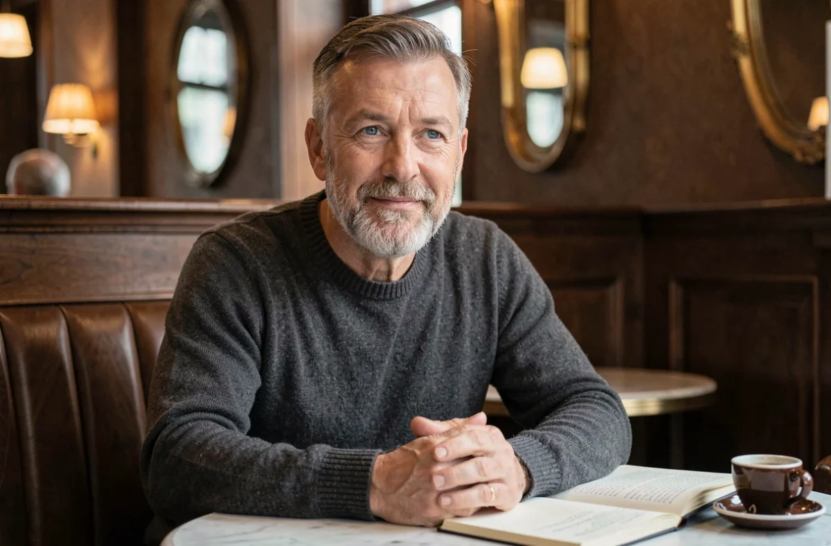 Portrait intimiste d'un homme mature au regard pensif dans un café parisien, évoquant la personnalité romantique et littéraire d'un auteur célèbre