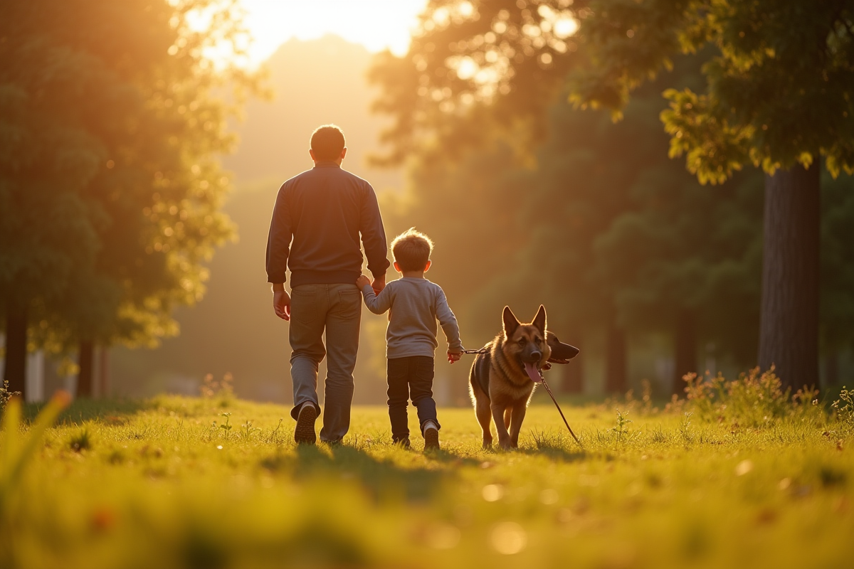 Père et fils promenant leur chien dans un parc ensoleille