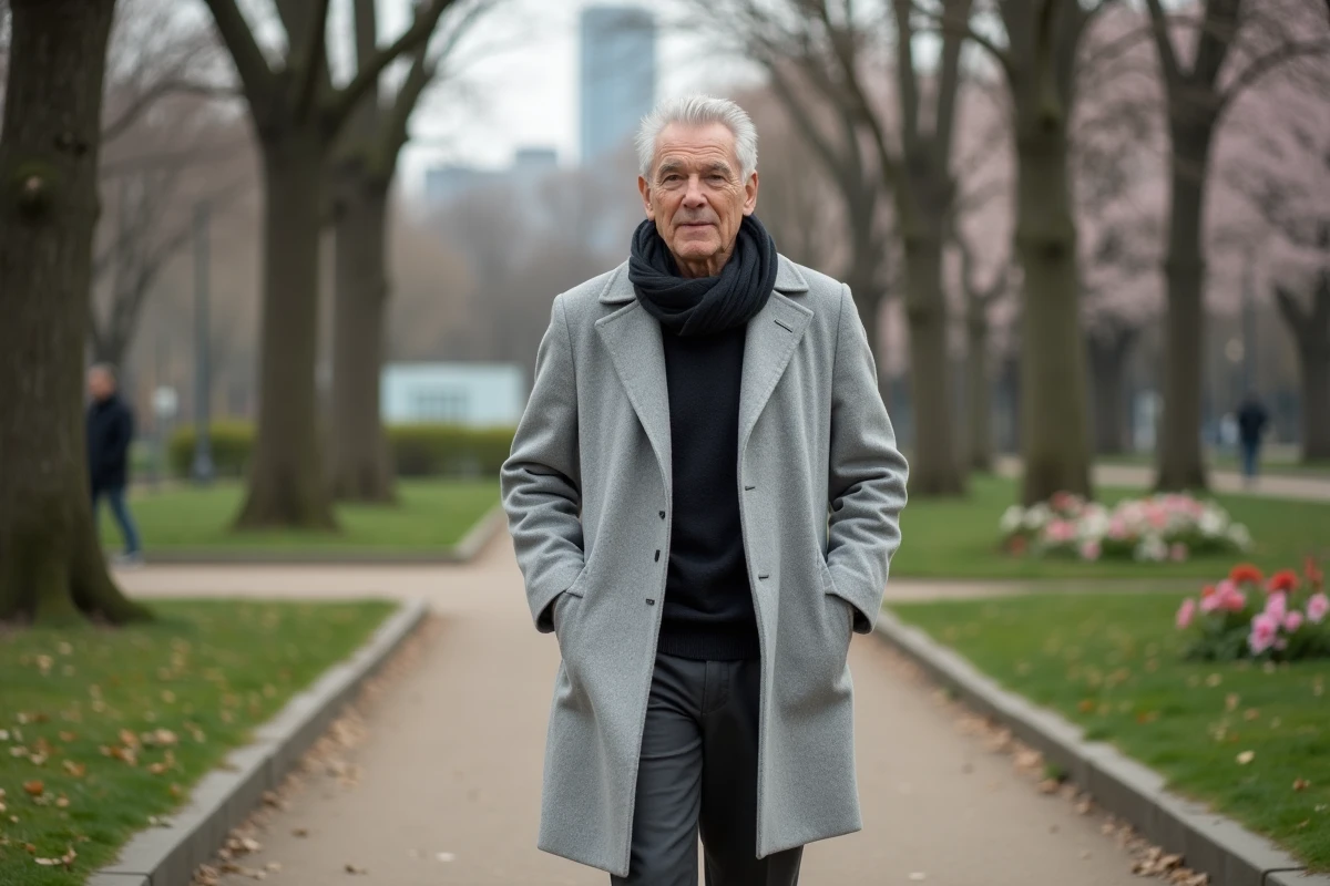 Homme élégant marchant dans un parc urbain au printemps