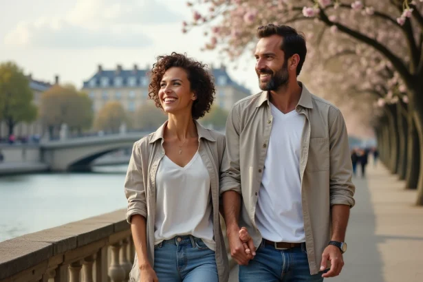 Couple marchant le long de la Seine à Paris avec vue romantique