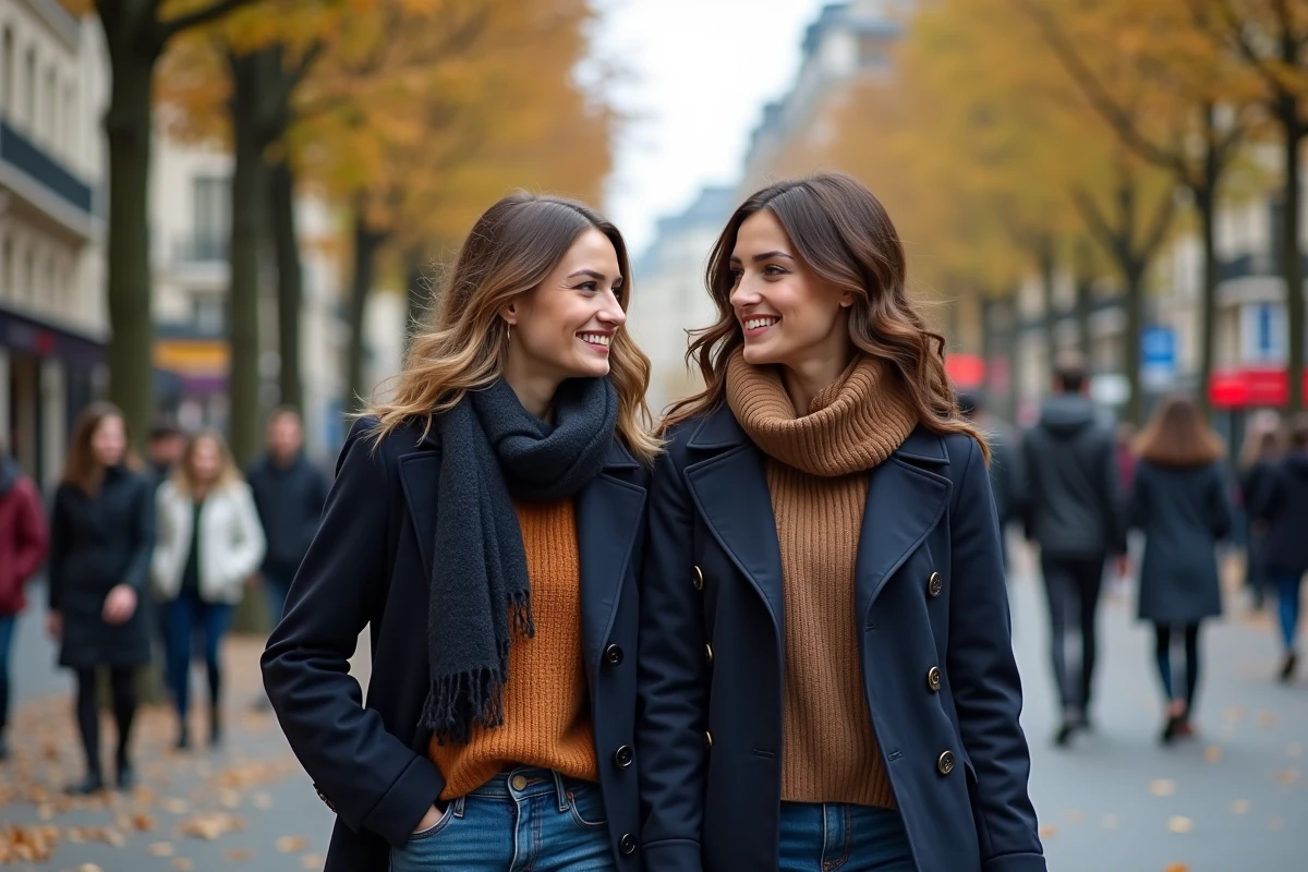 Deux femmes marchant dans une rue parisienne automnale