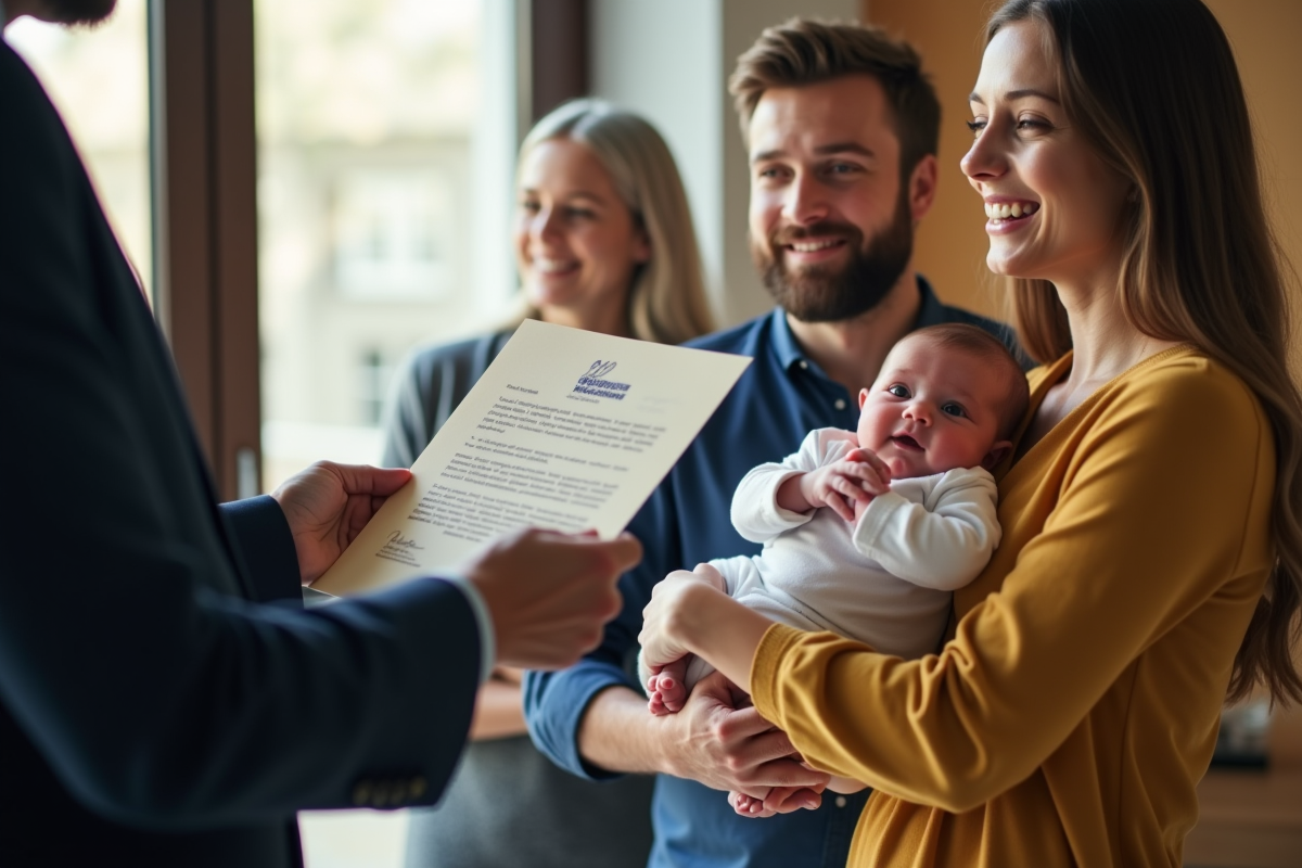 Officiel remet un certificat à des parents fiers