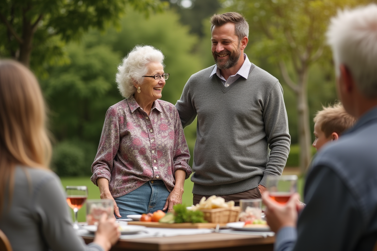 Femme âgée présente son gendre lors d