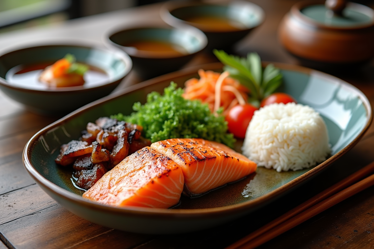 Repas japonais traditionnel avec saumon grillé et riz