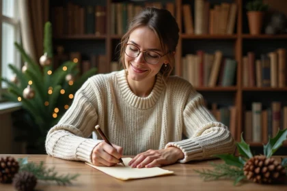 Femme écrivant une réponse du Père Noël à la main sur du papier parchemin, entourée de décorations de Noël chaleureuses