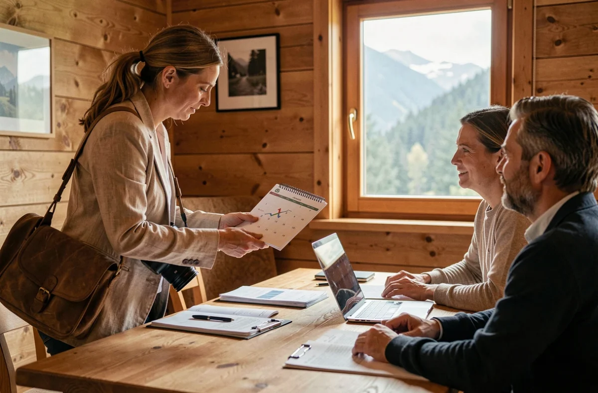 Photographe professionnelle et couple client planifiant une séance photo dans un chalet des Vosges près de Gérardmer avant la haute saison
